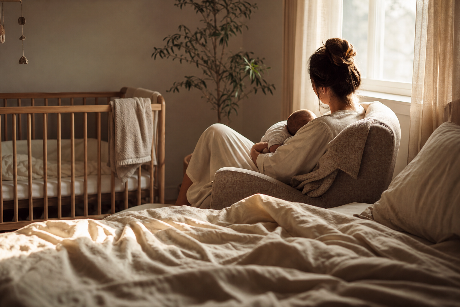 Soft, warm morning light streaming through a nursery window onto an unmade cozy bed, evoking a sense of gentle rest and maternal comfort.