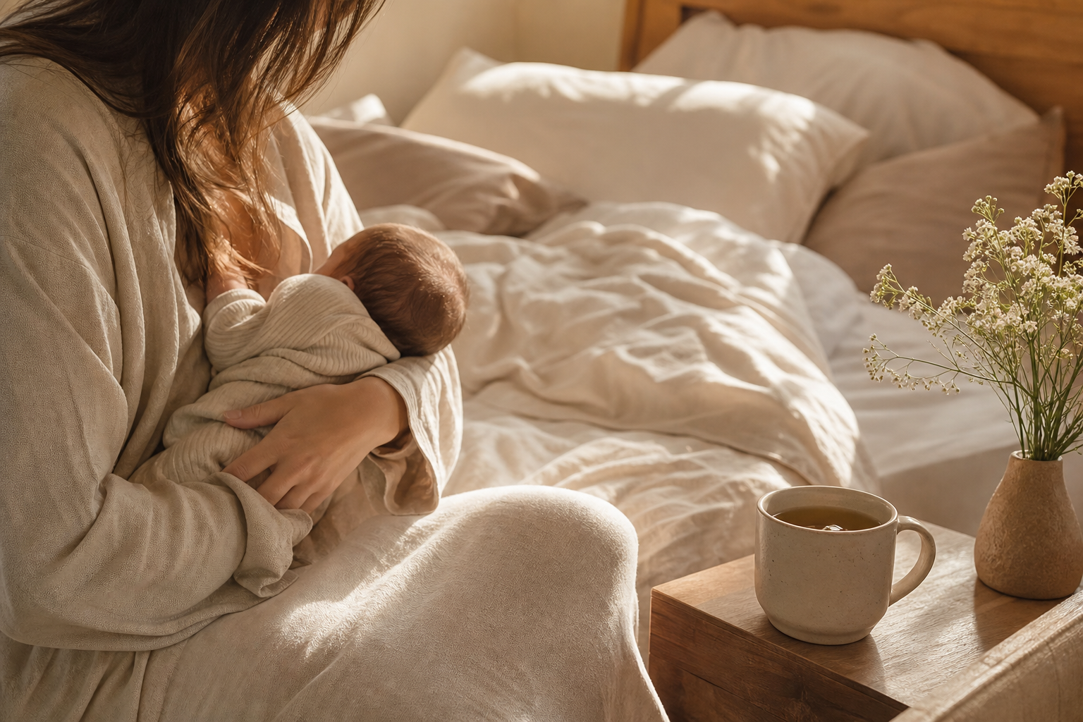 Sunlight streaming over a cozy, peaceful bedroom representing rest and recovery in new motherhood.