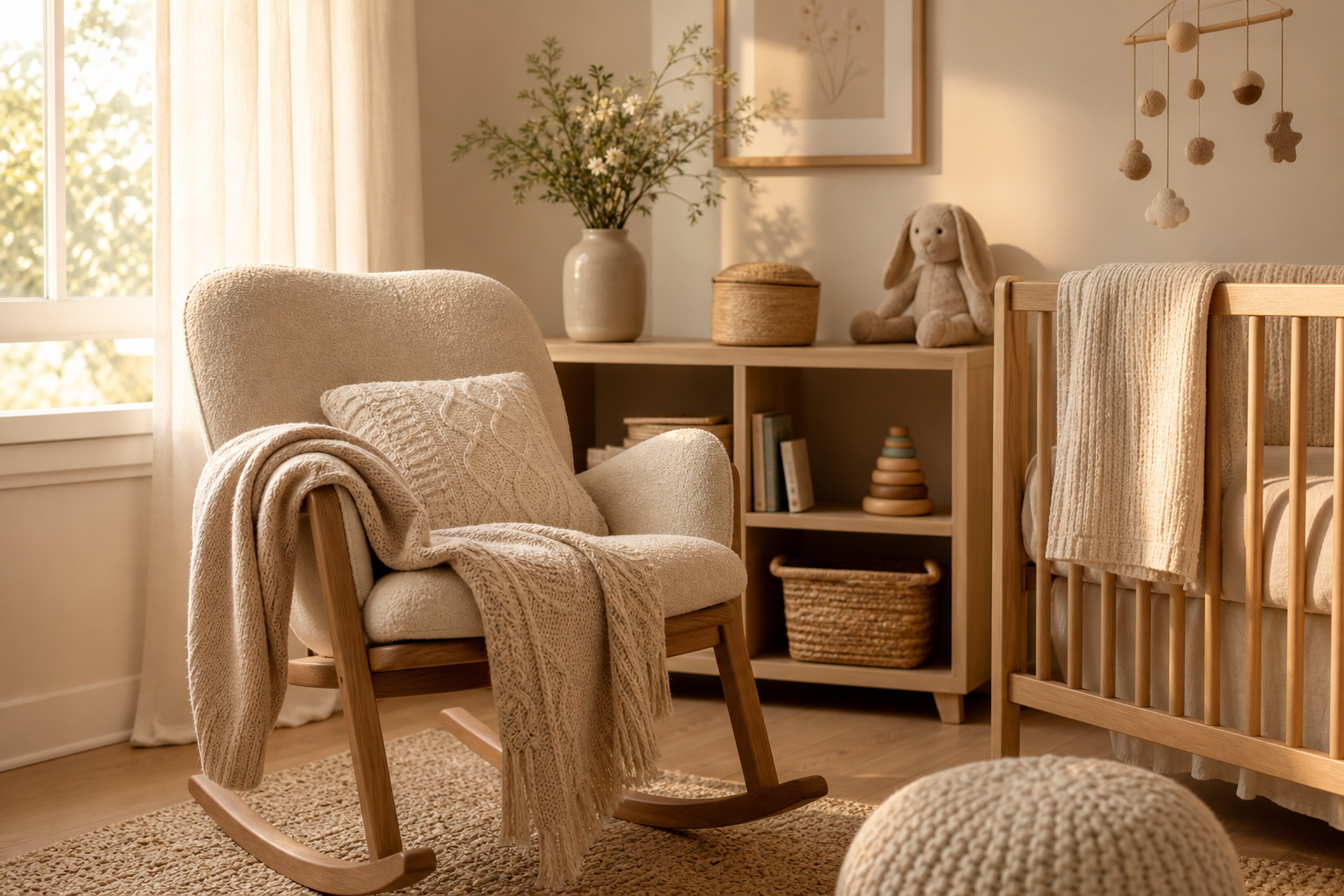 Soft morning light streaming into a cozy, quiet nursery with a comfortable rocking chair and knit blanket