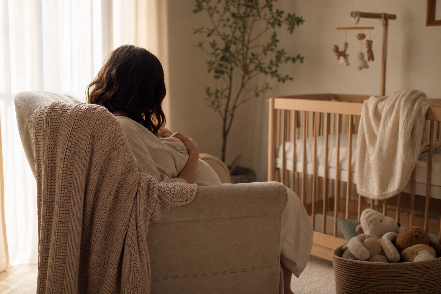 Soft morning light filtering through a quiet nursery with a comfortable rocking chair and neutral blankets